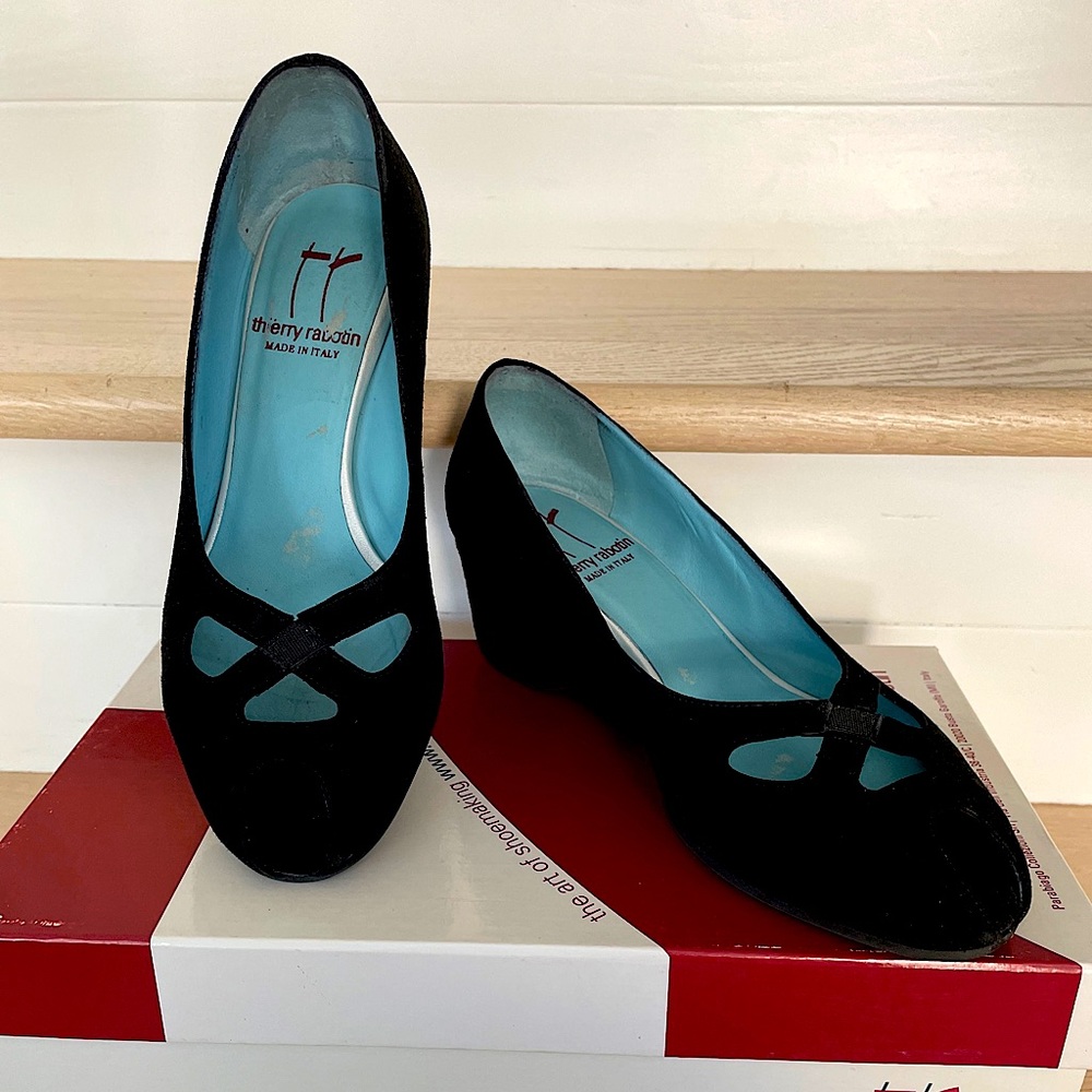 Thierry Rabotin Shoes Sz 34EU/3.5US Black Suede Peep Toe Slip On Wedge Italy